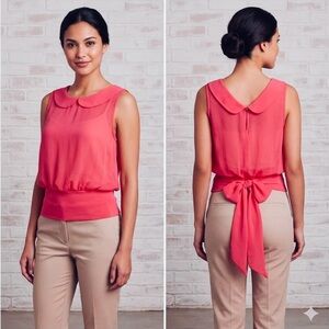 MONA B Sheer Red Tie Sash Belt Waist Blouse Top M Sailor Collar